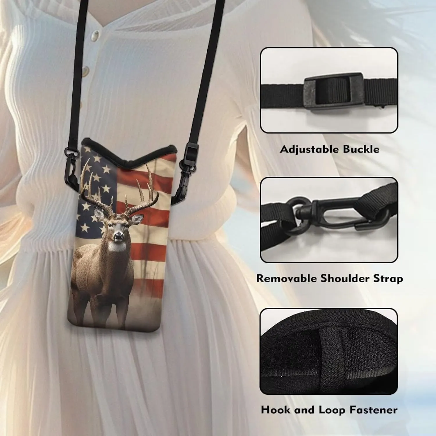 Elk American Flag Print Protective Cell Phone Sleeves for Women Men Mini Shoulder Phone Pouch Compact Soft Phone Sleeve with Adjustable Buckle Phone Bag