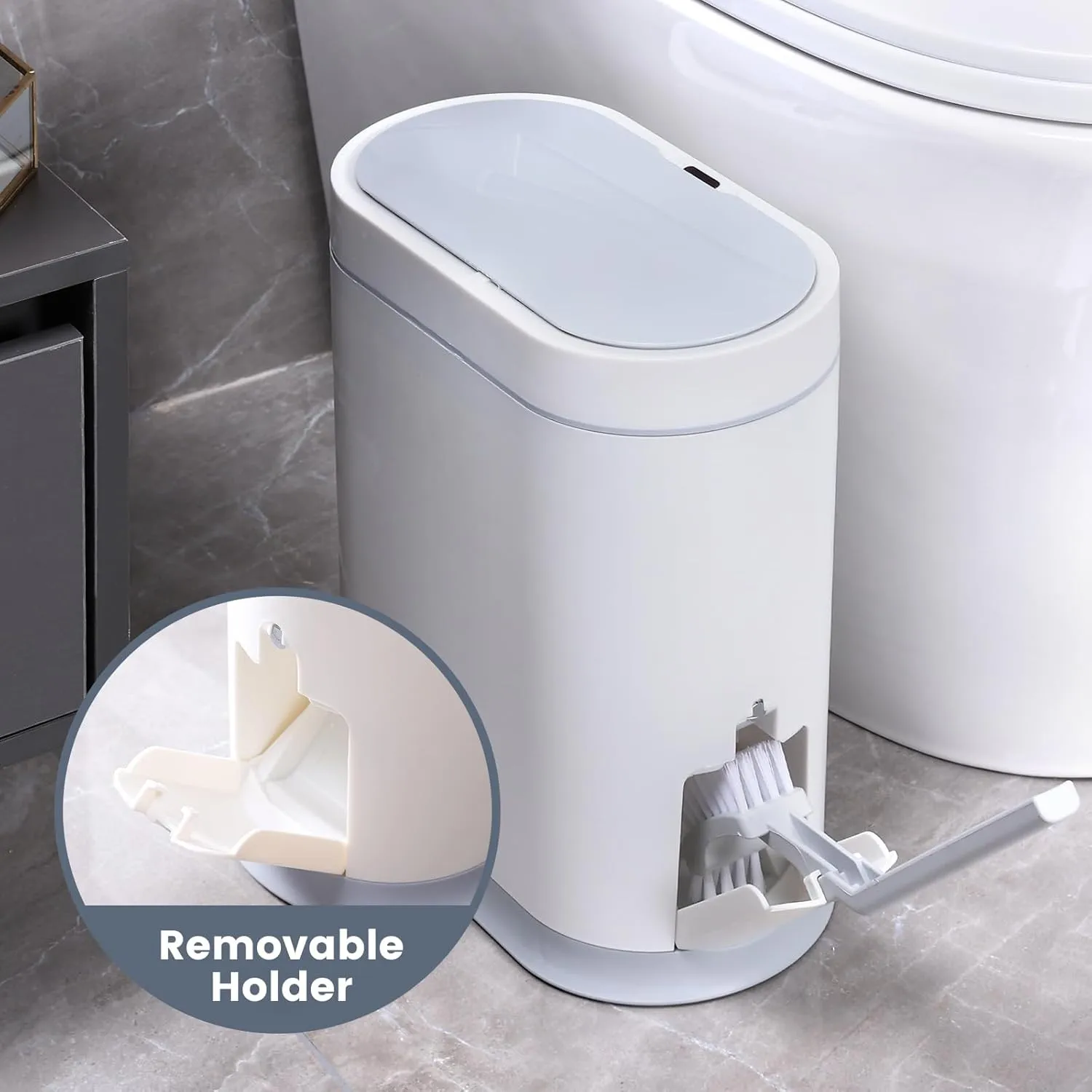 ELPHECO Bathroom Trash Can with Toilet Brush 2.5 Gallon Waterproof Trash Bin Smart Garbage can with lid Motion Sensor Waste Bin Automatic Garbage Bin for Bathroom(White)