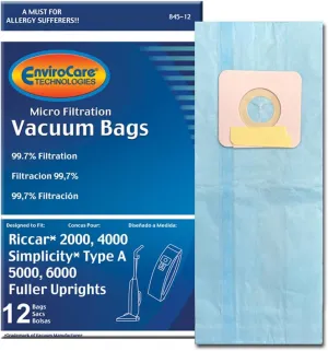 EnviroCare Replacement Micro Filtration Vacuum Cleaner Dust Bags made to fit Riccar 2000, 4000 and Vibrance Series. Simplicity 5000, 6000 and Symmetry Type A 12 pack