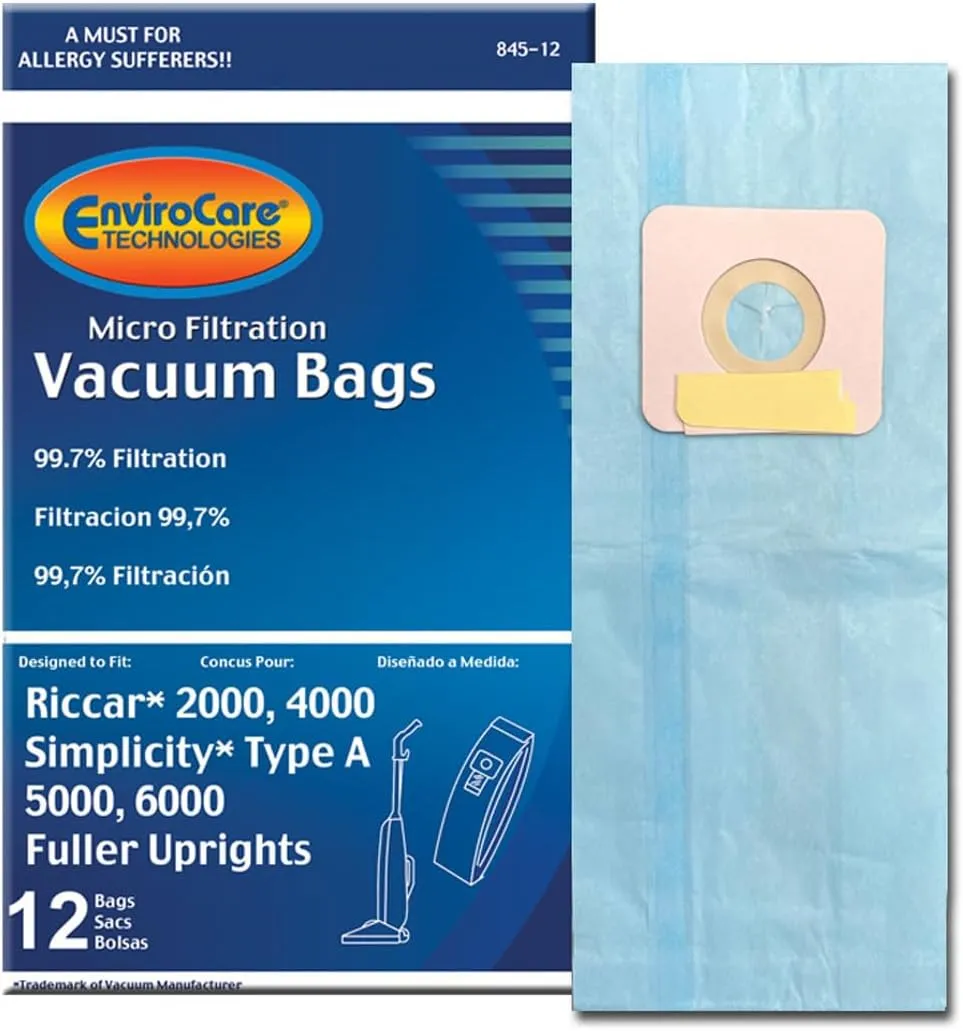 EnviroCare Replacement Micro Filtration Vacuum Cleaner Dust Bags made to fit Riccar 2000, 4000 and Vibrance Series. Simplicity 5000, 6000 and Symmetry Type A 12 pack