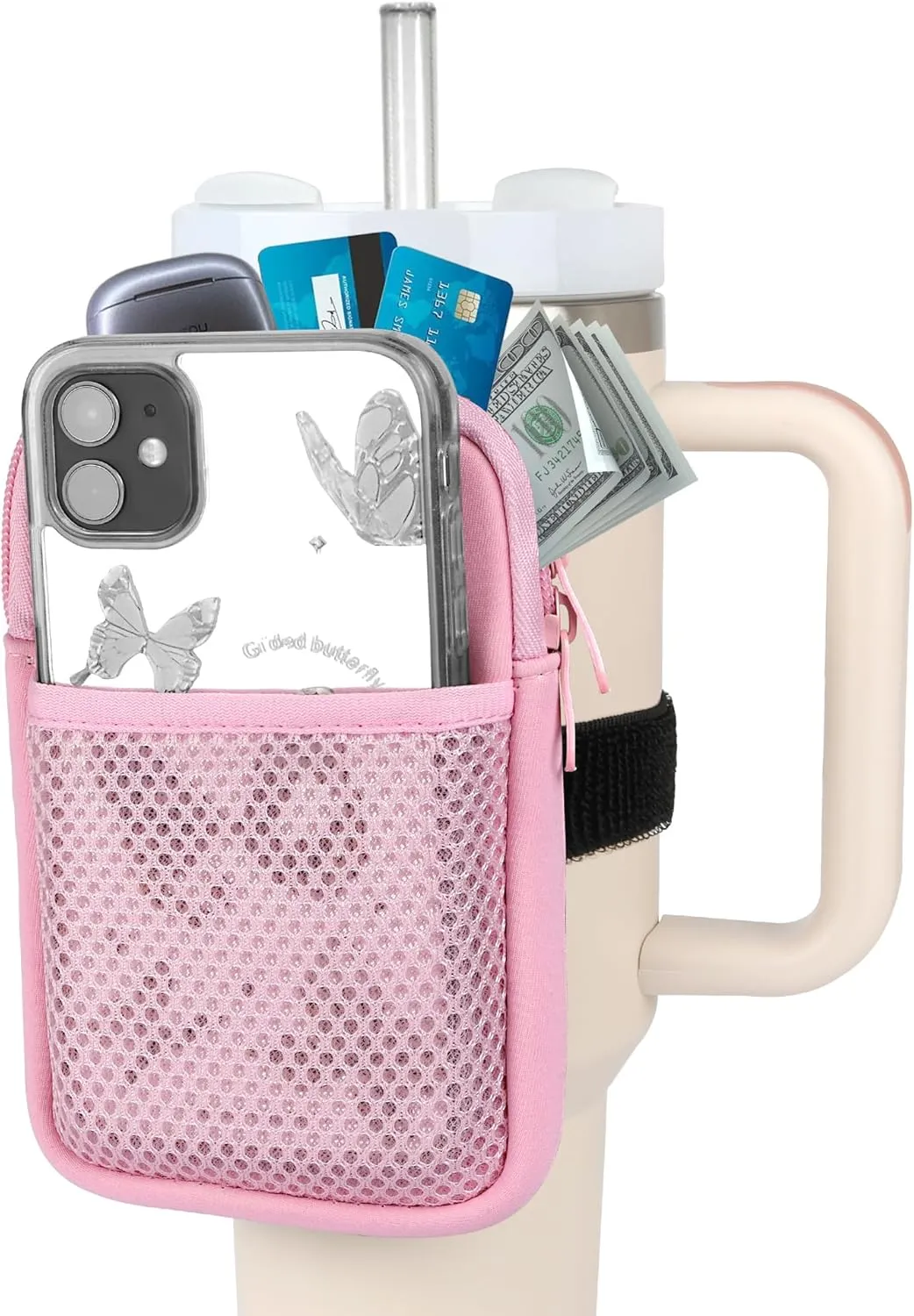 evron Water Bottle Pouch for Stanley Cup, Stanley Cup Accessories 40oz with Spacious Opening Mesh Pocket Fit for Most Mobiles,Gym Accessories Slip Proof Elastic Armband Tumbler Pouch