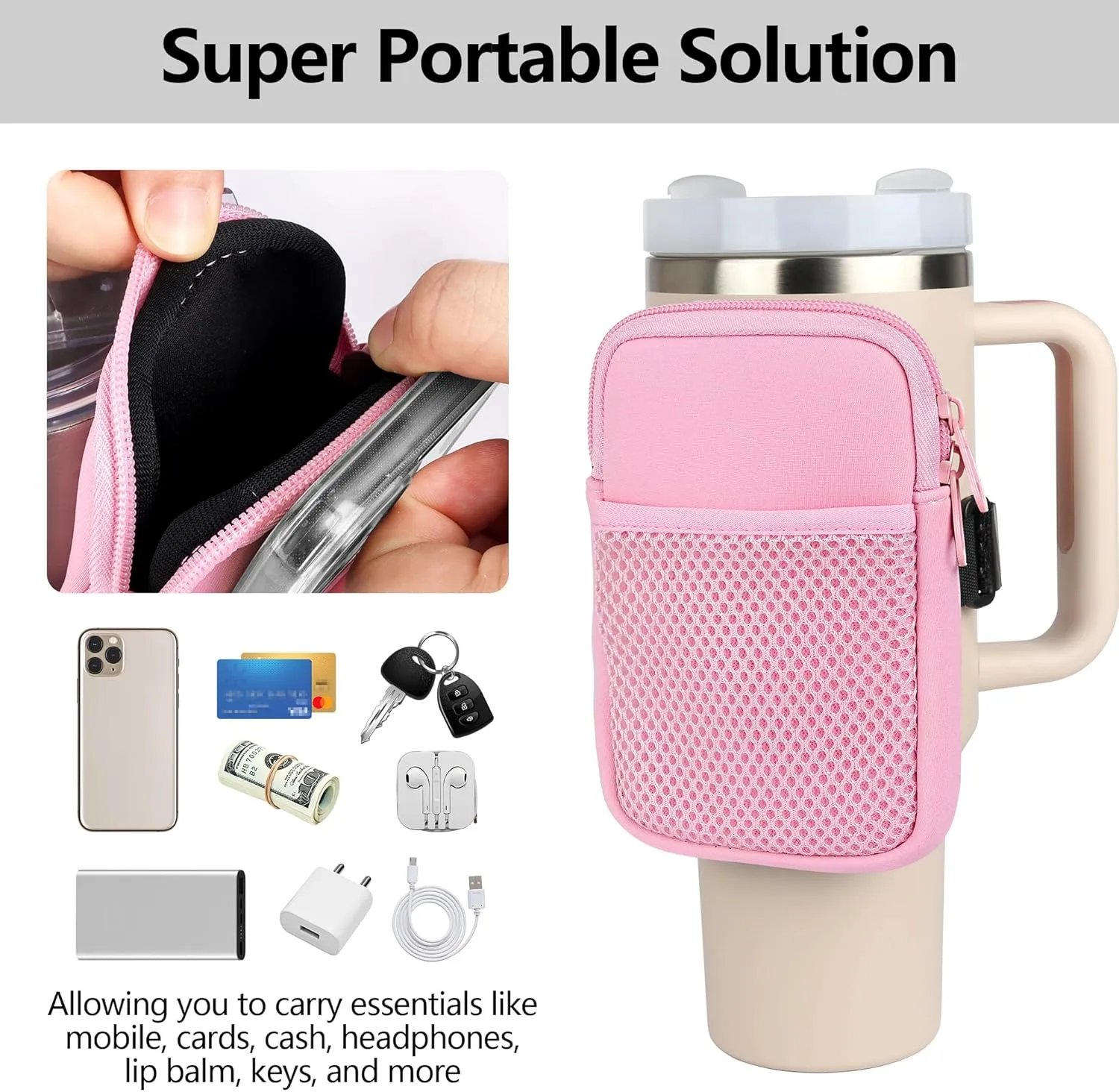 evron Water Bottle Pouch for Stanley Cup, Stanley Cup Accessories 40oz with Spacious Opening Mesh Pocket Fit for Most Mobiles,Gym Accessories Slip Proof Elastic Armband Tumbler Pouch