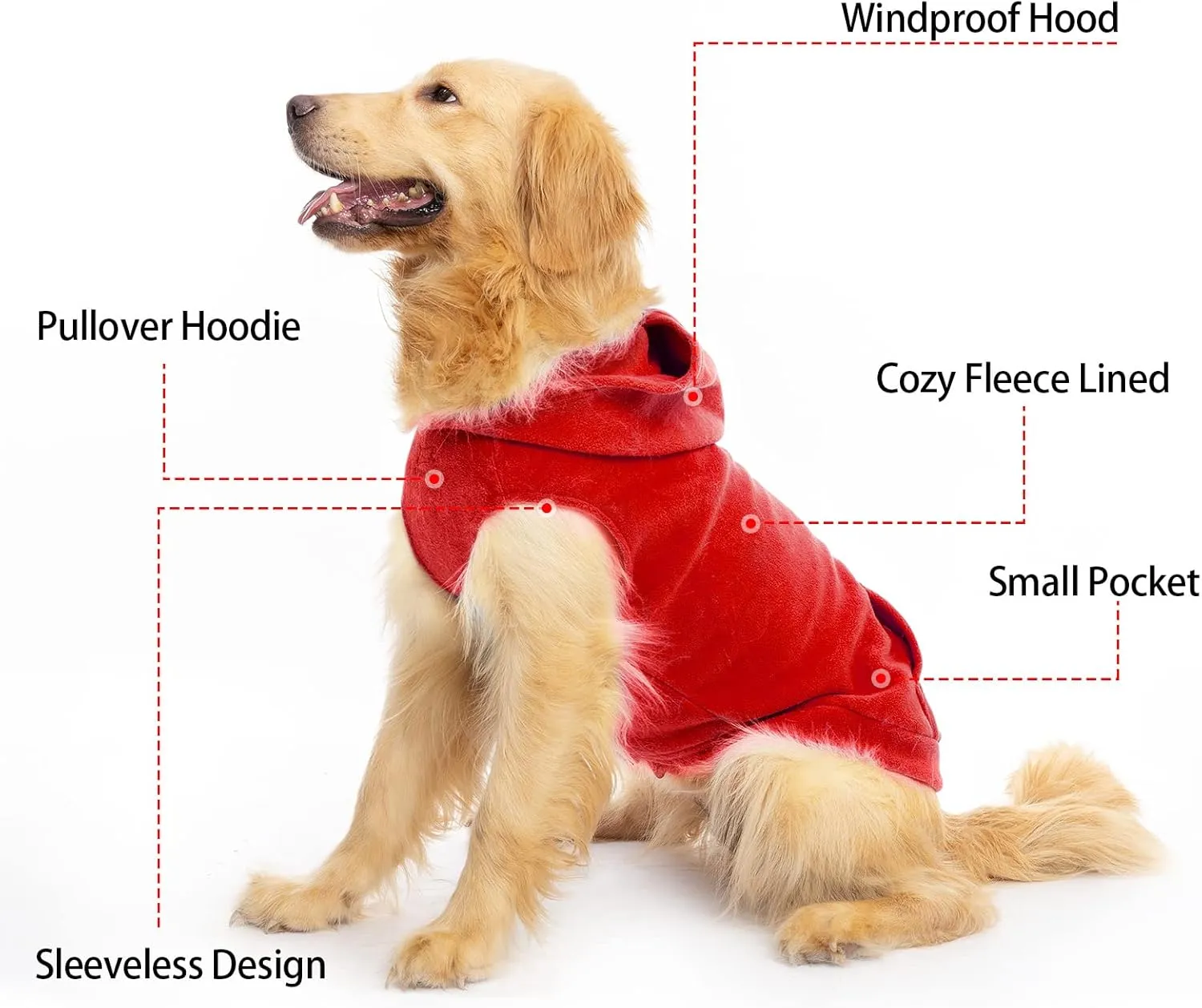 EXPAWLORER Dog Hoodie with Pocket, Polar Fleece Dog Sweatshirt Fall Cold Winter Sleeveless Sweater with Hood, Warm Cozy Pet Clothes for Small to Large Dogs Boys and Girls (Red, XL)