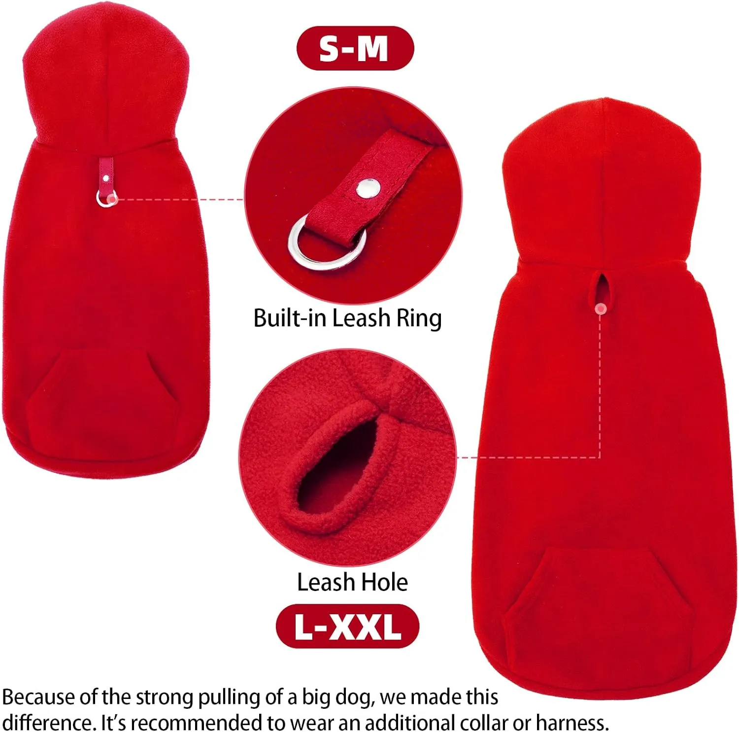 EXPAWLORER Dog Hoodie with Pocket, Polar Fleece Dog Sweatshirt Fall Cold Winter Sleeveless Sweater with Hood, Warm Cozy Pet Clothes for Small to Large Dogs Boys and Girls (Red, XL)