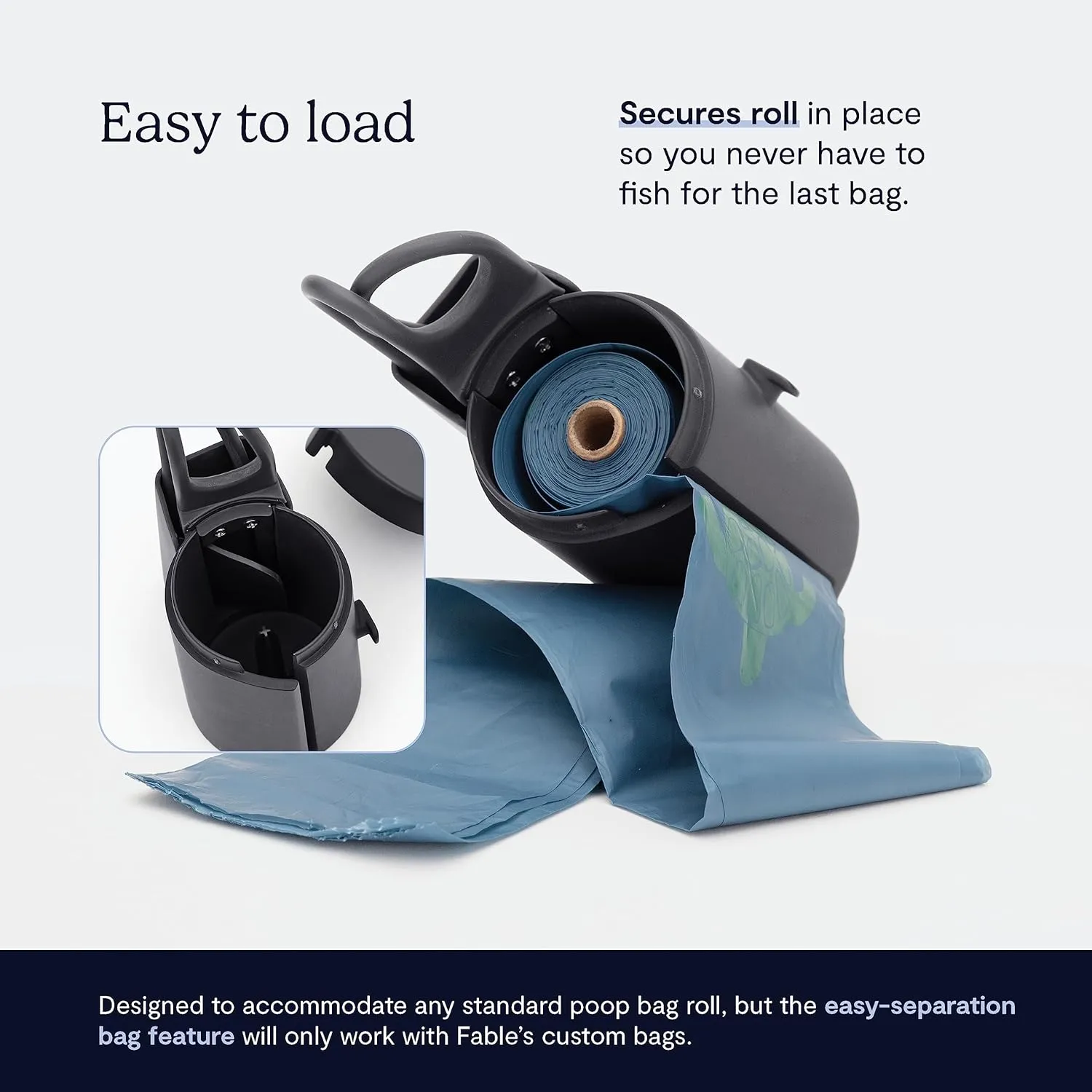FABLE Waste Bag Holder - Poop Bag Case Made From Lightweight Silicone - Dual Attachment Points, Secure to Any Leash - Twist Off Cap & Anti-Spin Interior - Includes 3 Bag Rolls (45 Waste Bags), Black