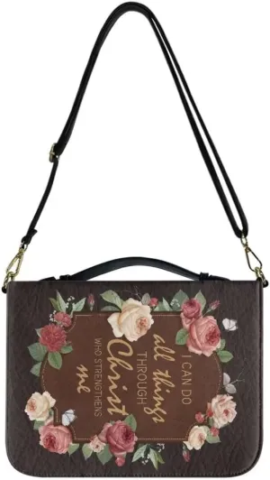 Faithful Hers Bible Covers for Women,Roses Pattern Bible Cover with Shoulder Handle,Bible Carrying Case for Woman,Lady Bible Bag,Christmas Gift for Mother,Brown