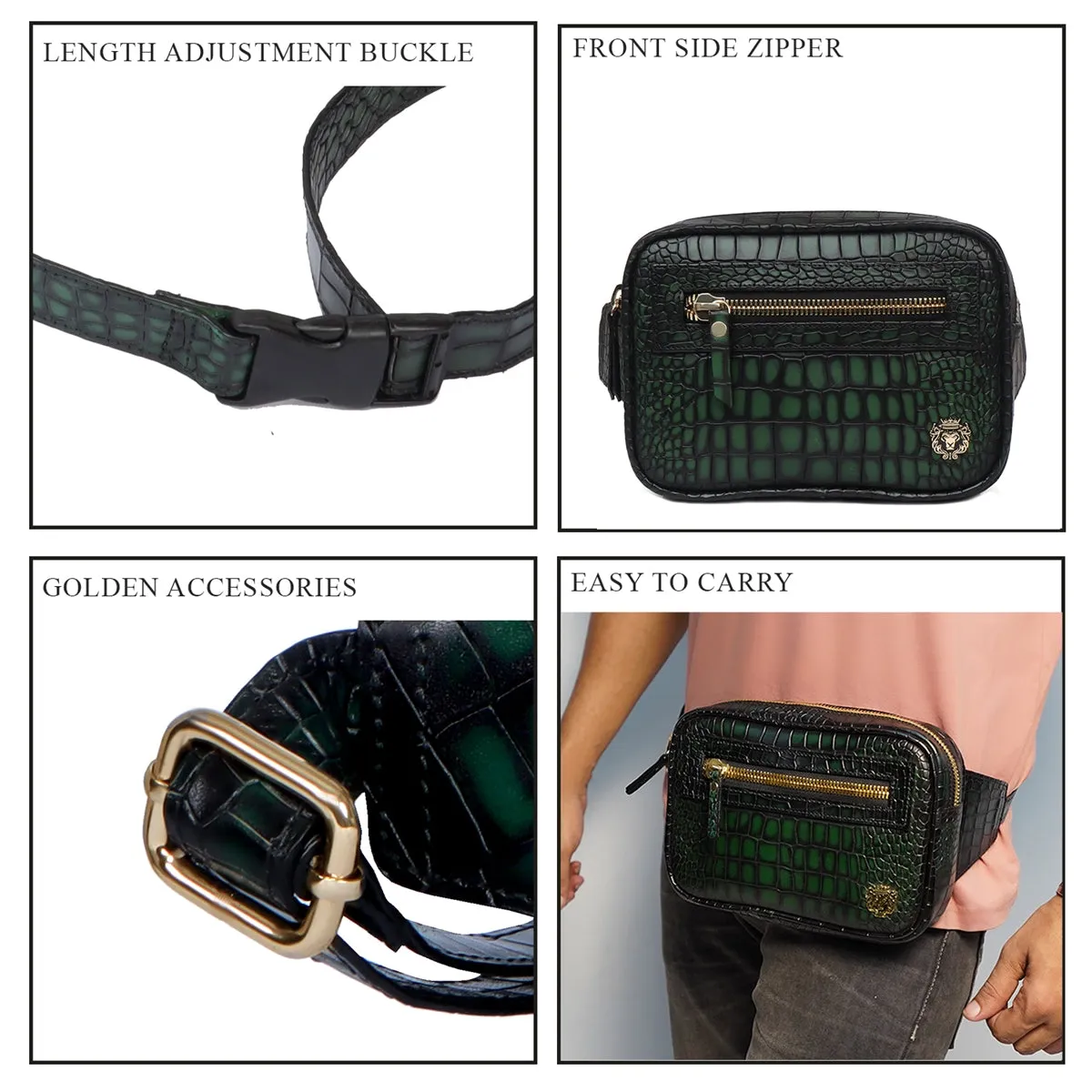 Fanny Pack In Green Croco Texture Leather