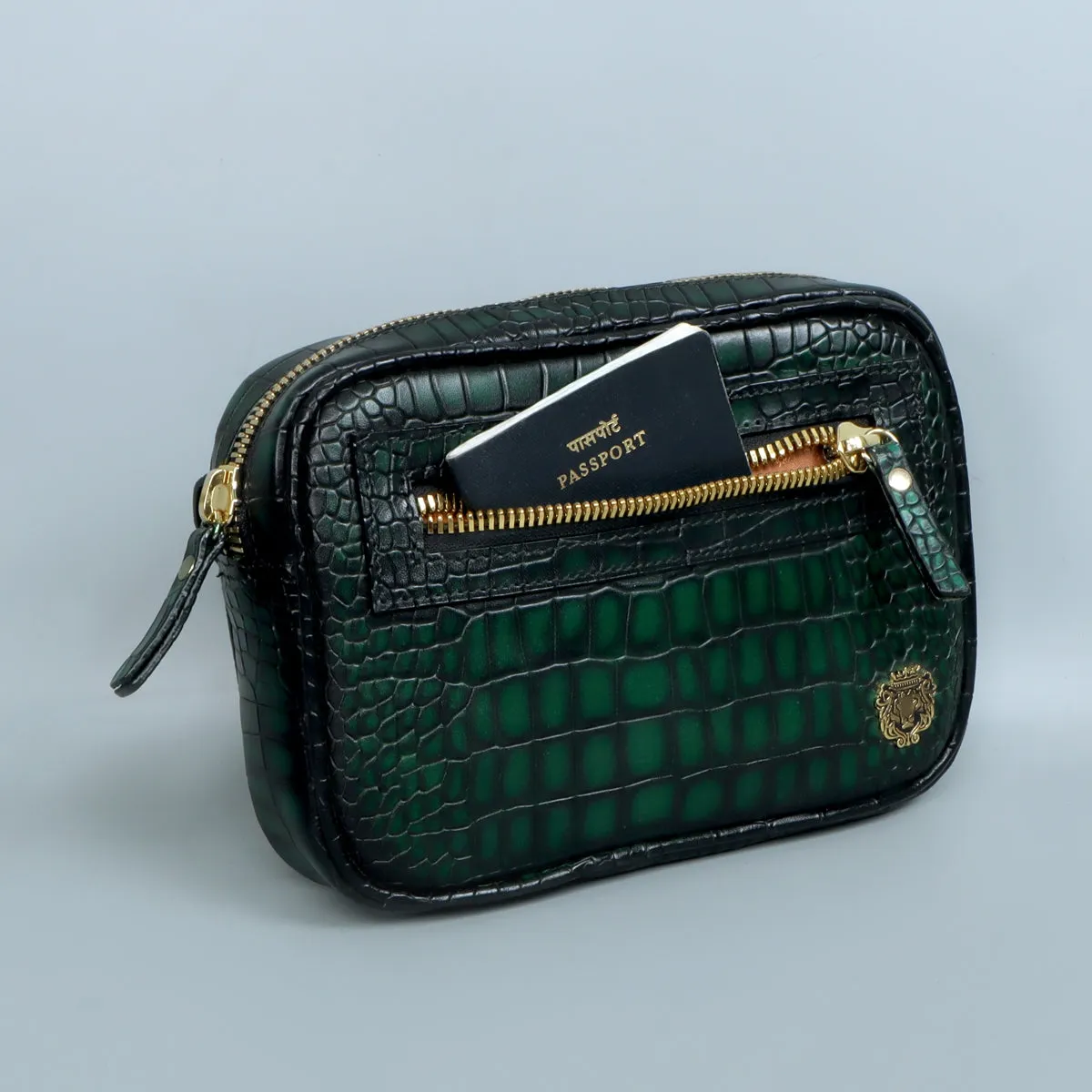Fanny Pack In Green Croco Texture Leather