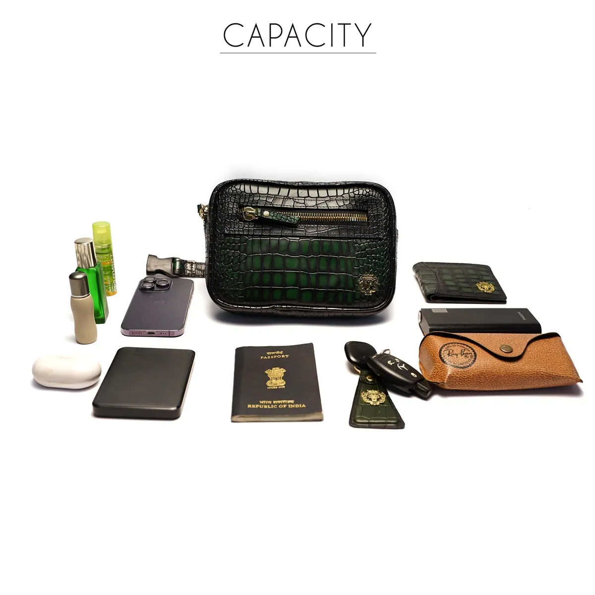 Fanny Pack In Green Croco Texture Leather