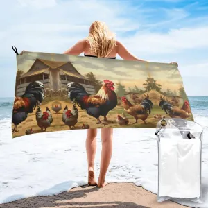 Farm Print Chicken and Rooster Premium Compact Microfiber Travel Towel-Featherlight & Quick Dry,Sand-Resistant Beach Towel for Swimming,Camping,Vacation Essentials with Carry Pouch