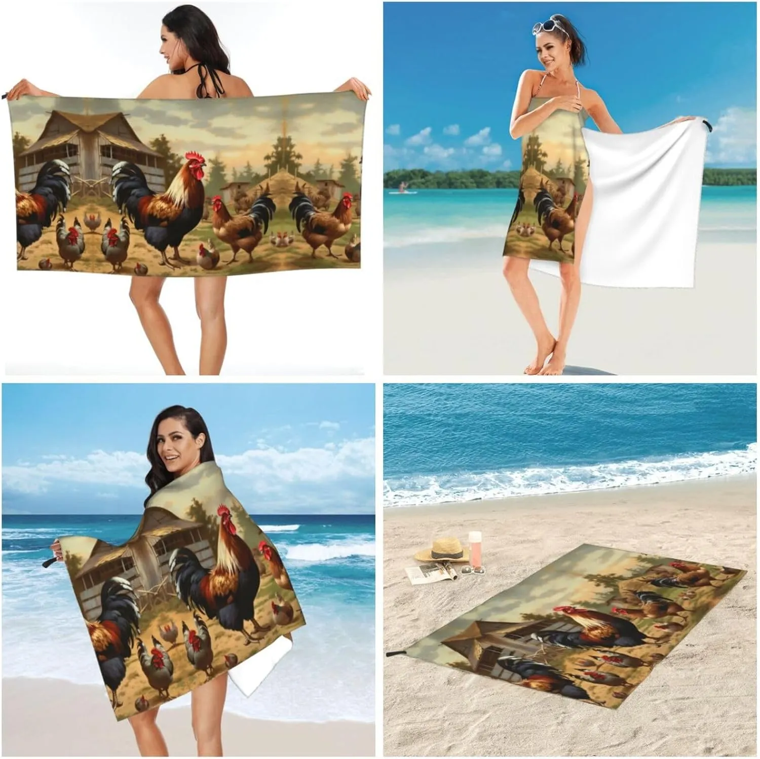 Farm Print Chicken and Rooster Premium Compact Microfiber Travel Towel-Featherlight & Quick Dry,Sand-Resistant Beach Towel for Swimming,Camping,Vacation Essentials with Carry Pouch