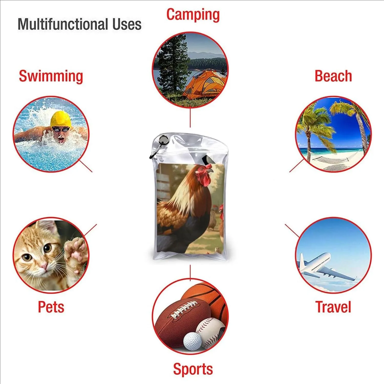 Farm Print Chicken and Rooster Premium Compact Microfiber Travel Towel-Featherlight & Quick Dry,Sand-Resistant Beach Towel for Swimming,Camping,Vacation Essentials with Carry Pouch
