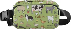 Farm Rooster Milk Cow Donkey Pig Sheep Cat Dog Rabbit on Green Adjustable Belt Running Bag, Crossbody Fanny Pack Waist Runners Bag Tote for Women Men Sports Hiking Fitness Exercise Gym Pouch