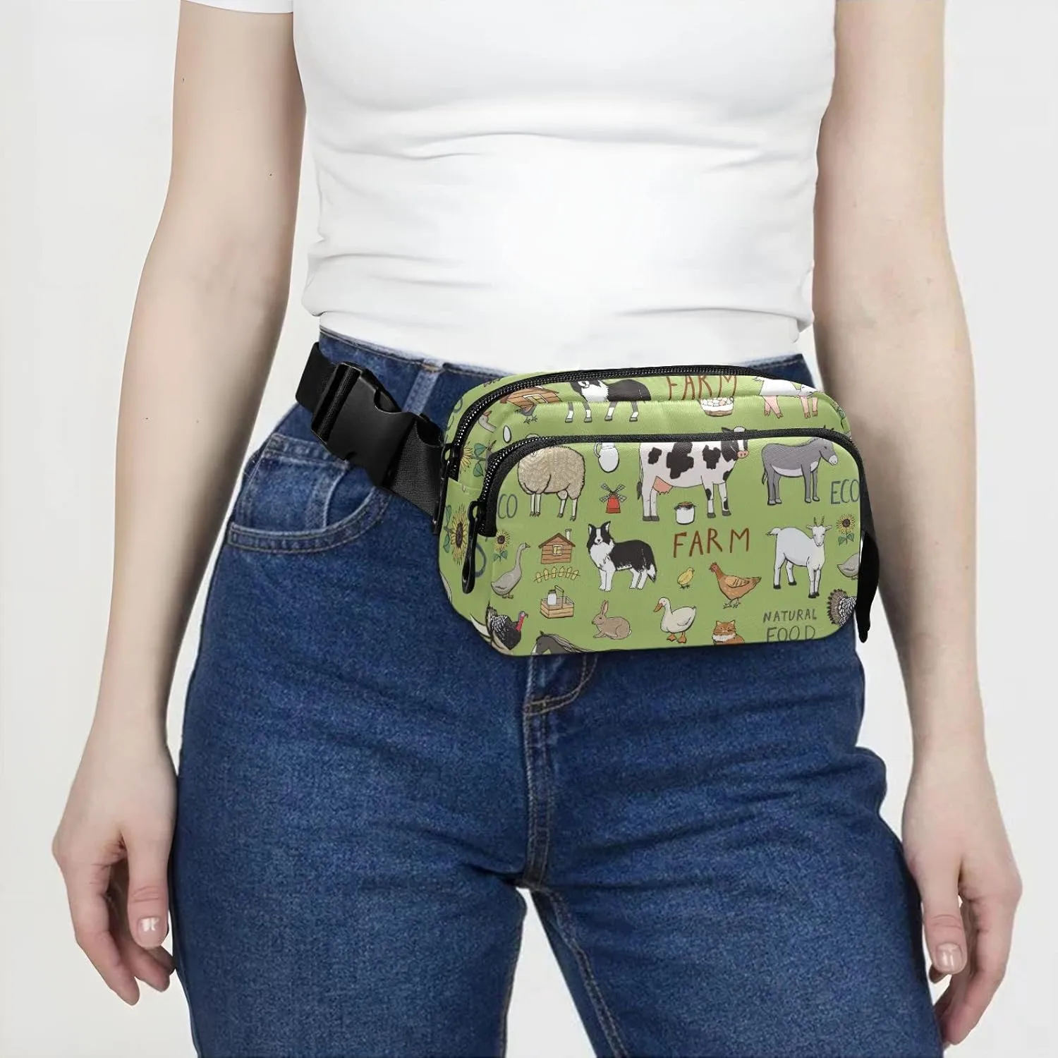 Farm Rooster Milk Cow Donkey Pig Sheep Cat Dog Rabbit on Green Adjustable Belt Running Bag, Crossbody Fanny Pack Waist Runners Bag Tote for Women Men Sports Hiking Fitness Exercise Gym Pouch
