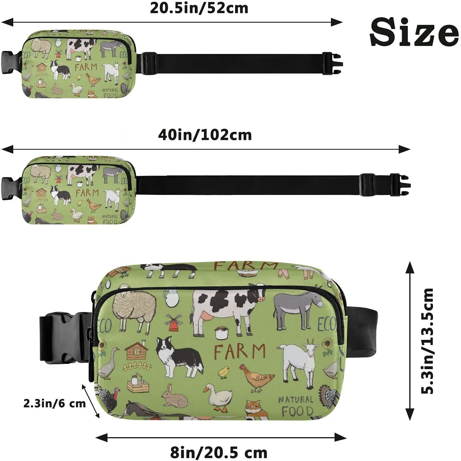 Farm Rooster Milk Cow Donkey Pig Sheep Cat Dog Rabbit on Green Adjustable Belt Running Bag, Crossbody Fanny Pack Waist Runners Bag Tote for Women Men Sports Hiking Fitness Exercise Gym Pouch