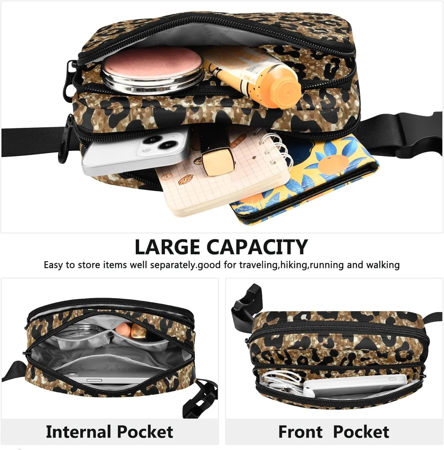 Fashion Gold Glitter Fanny Packs for Women Waterproof Anti Theft Belt Bag Cute Travel Waist Bag