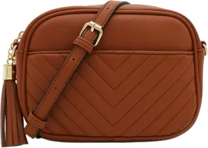 FashionPuzzle Chevron Quilted Crossbody Camera Bag with Chain Strap and Tassel