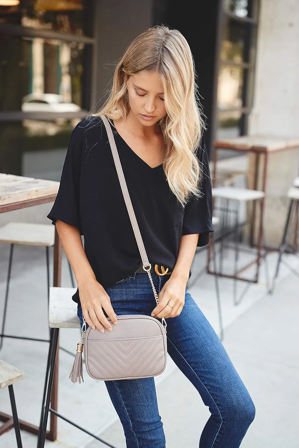 FashionPuzzle Chevron Quilted Crossbody Camera Bag with Chain Strap and Tassel