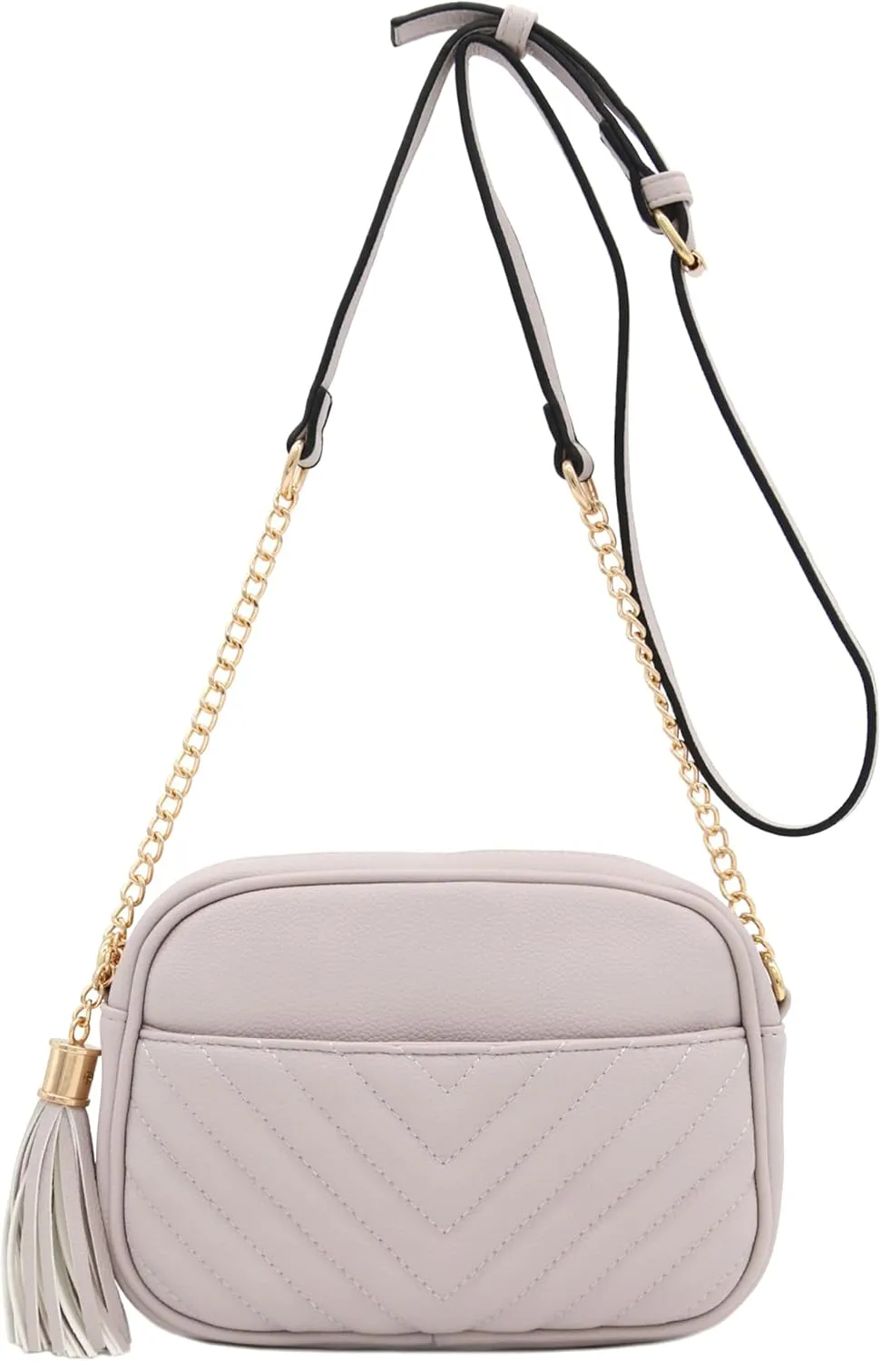 FashionPuzzle Chevron Quilted Crossbody Camera Bag with Chain Strap and Tassel