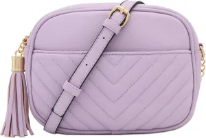 FashionPuzzle Chevron Quilted Crossbody Camera Bag with Chain Strap and Tassel