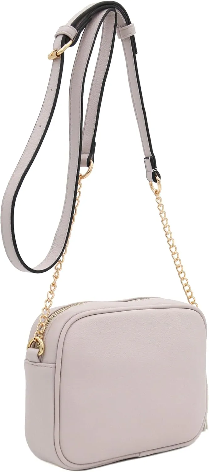 FashionPuzzle Chevron Quilted Crossbody Camera Bag with Chain Strap and Tassel