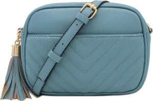 FashionPuzzle Chevron Quilted Crossbody Camera Bag with Chain Strap and Tassel