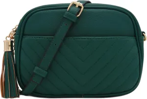 FashionPuzzle Chevron Quilted Crossbody Camera Bag with Chain Strap and Tassel