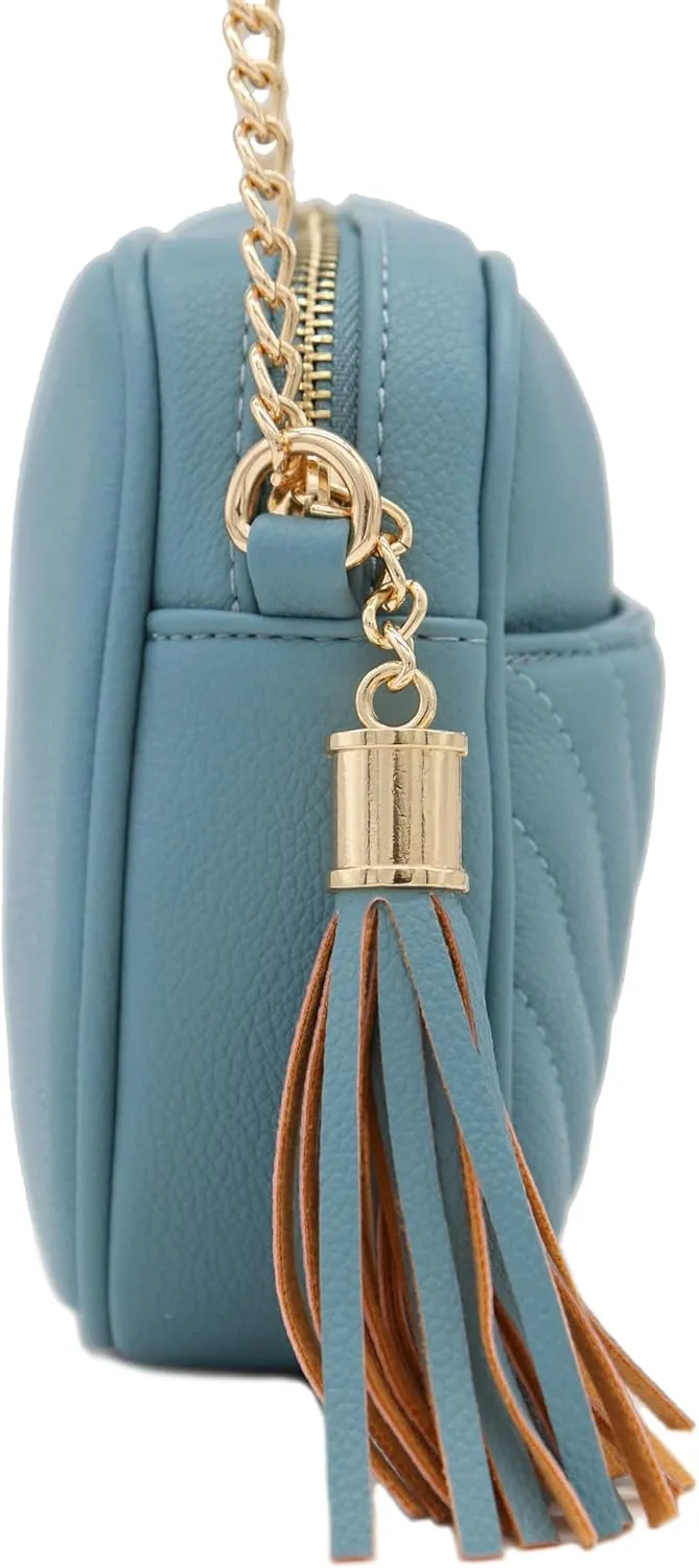 FashionPuzzle Chevron Quilted Crossbody Camera Bag with Chain Strap and Tassel