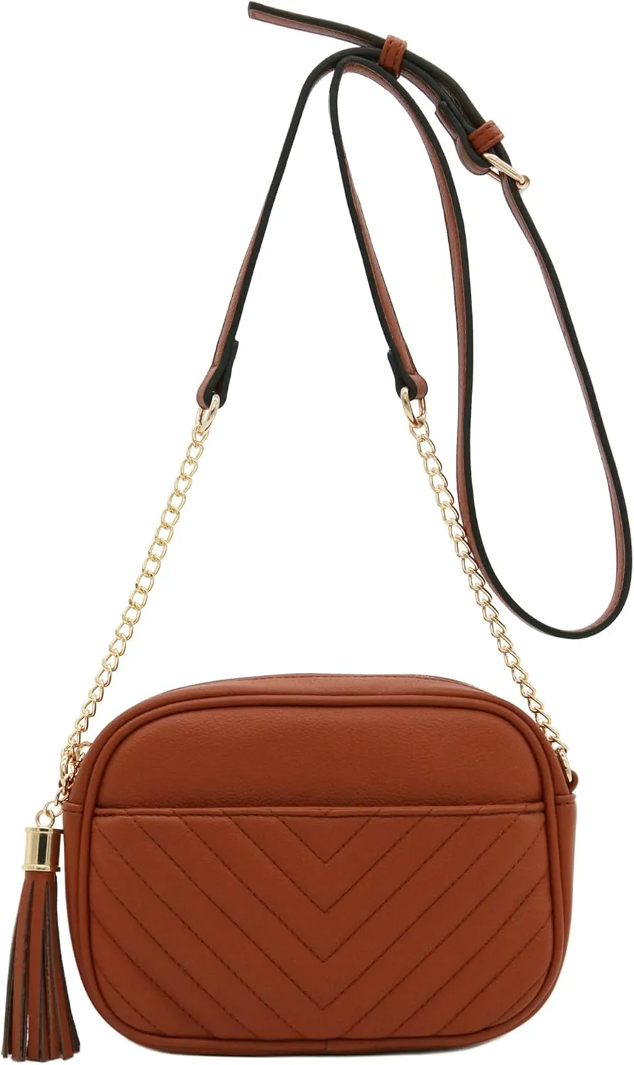 FashionPuzzle Chevron Quilted Crossbody Camera Bag with Chain Strap and Tassel