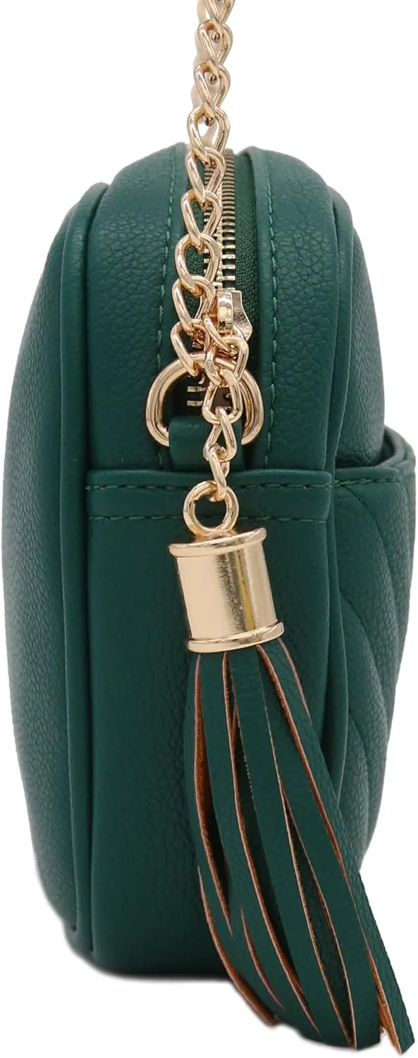 FashionPuzzle Chevron Quilted Crossbody Camera Bag with Chain Strap and Tassel