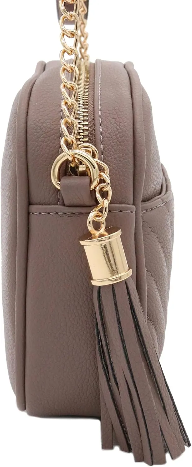FashionPuzzle Chevron Quilted Crossbody Camera Bag with Chain Strap and Tassel