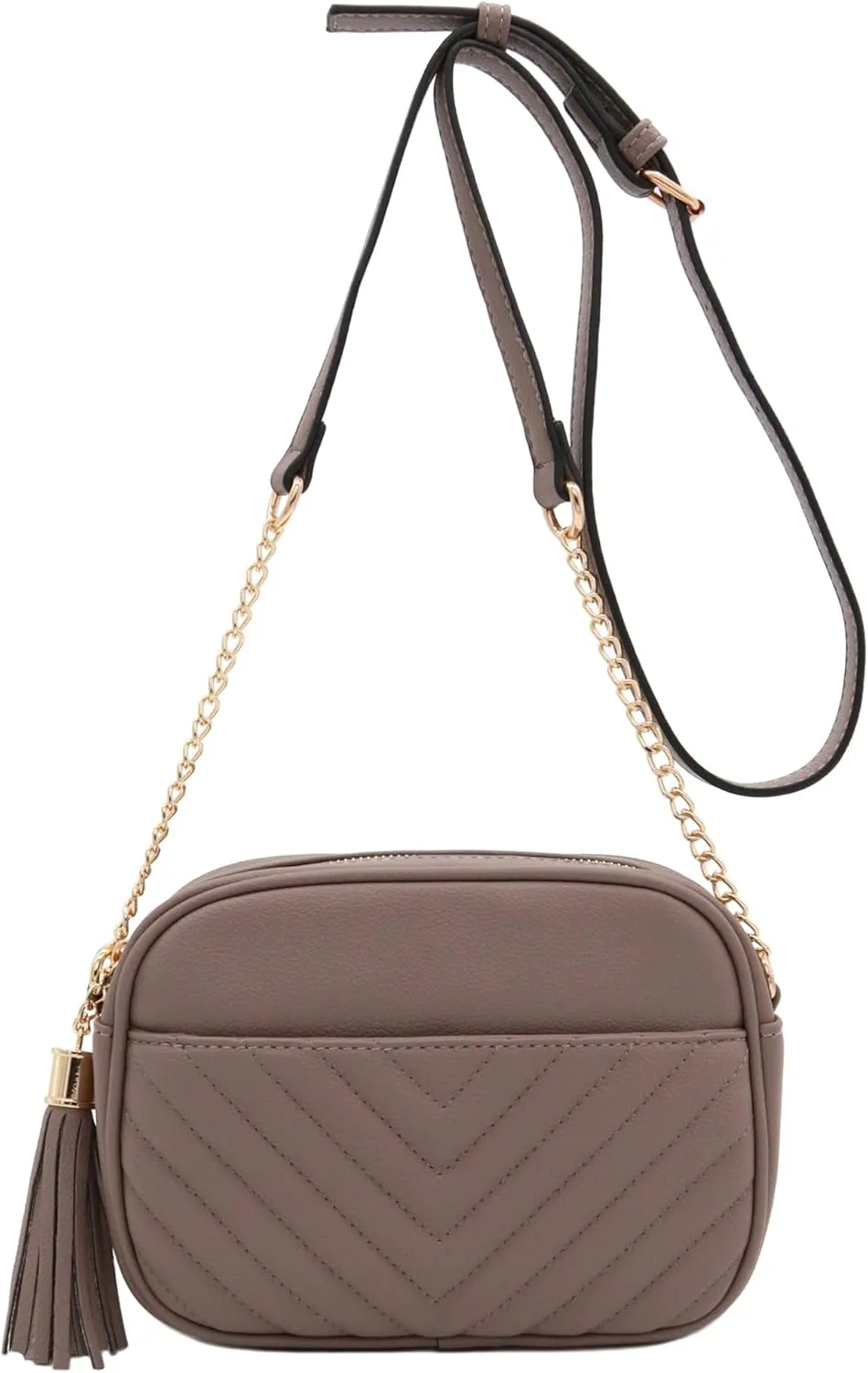 FashionPuzzle Chevron Quilted Crossbody Camera Bag with Chain Strap and Tassel