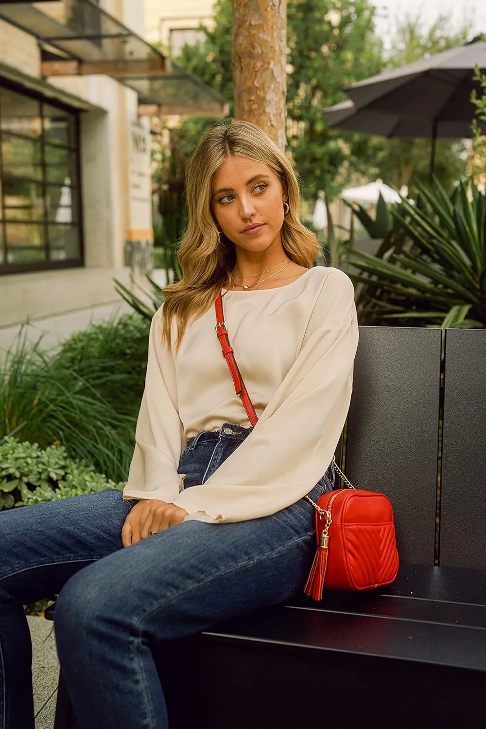 FashionPuzzle Chevron Quilted Crossbody Camera Bag with Chain Strap and Tassel