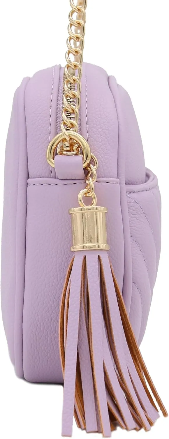 FashionPuzzle Chevron Quilted Crossbody Camera Bag with Chain Strap and Tassel