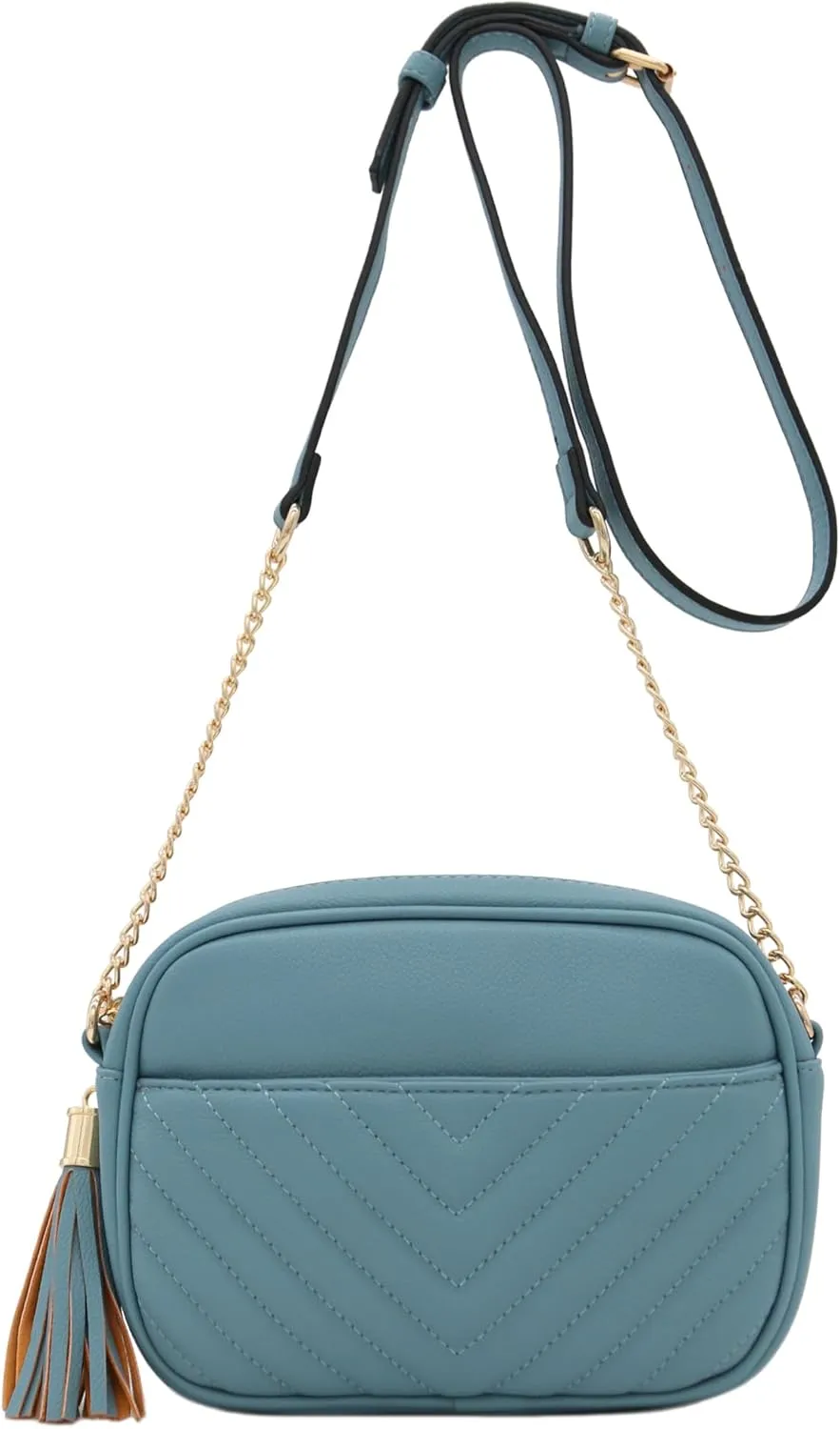 FashionPuzzle Chevron Quilted Crossbody Camera Bag with Chain Strap and Tassel