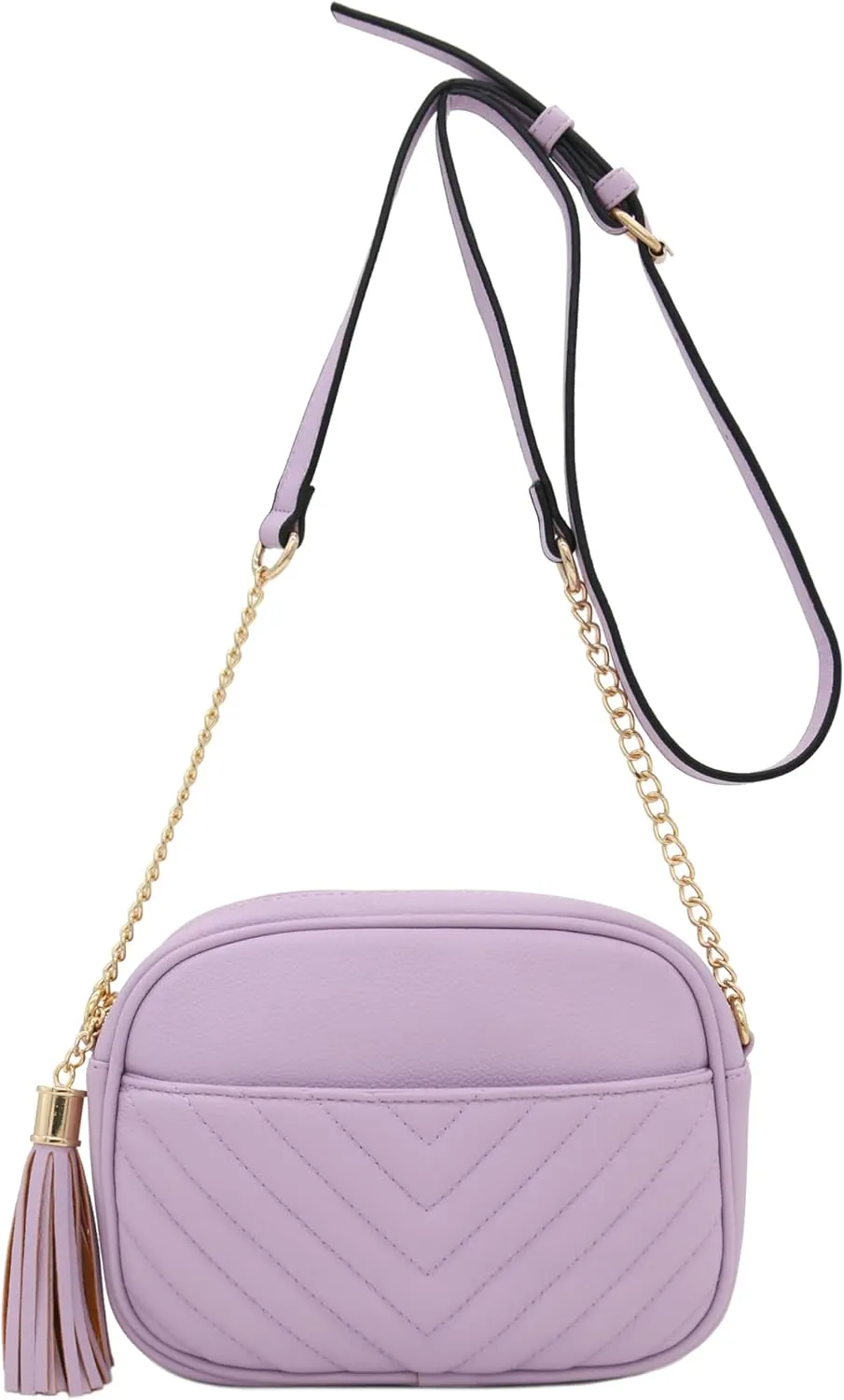 FashionPuzzle Chevron Quilted Crossbody Camera Bag with Chain Strap and Tassel