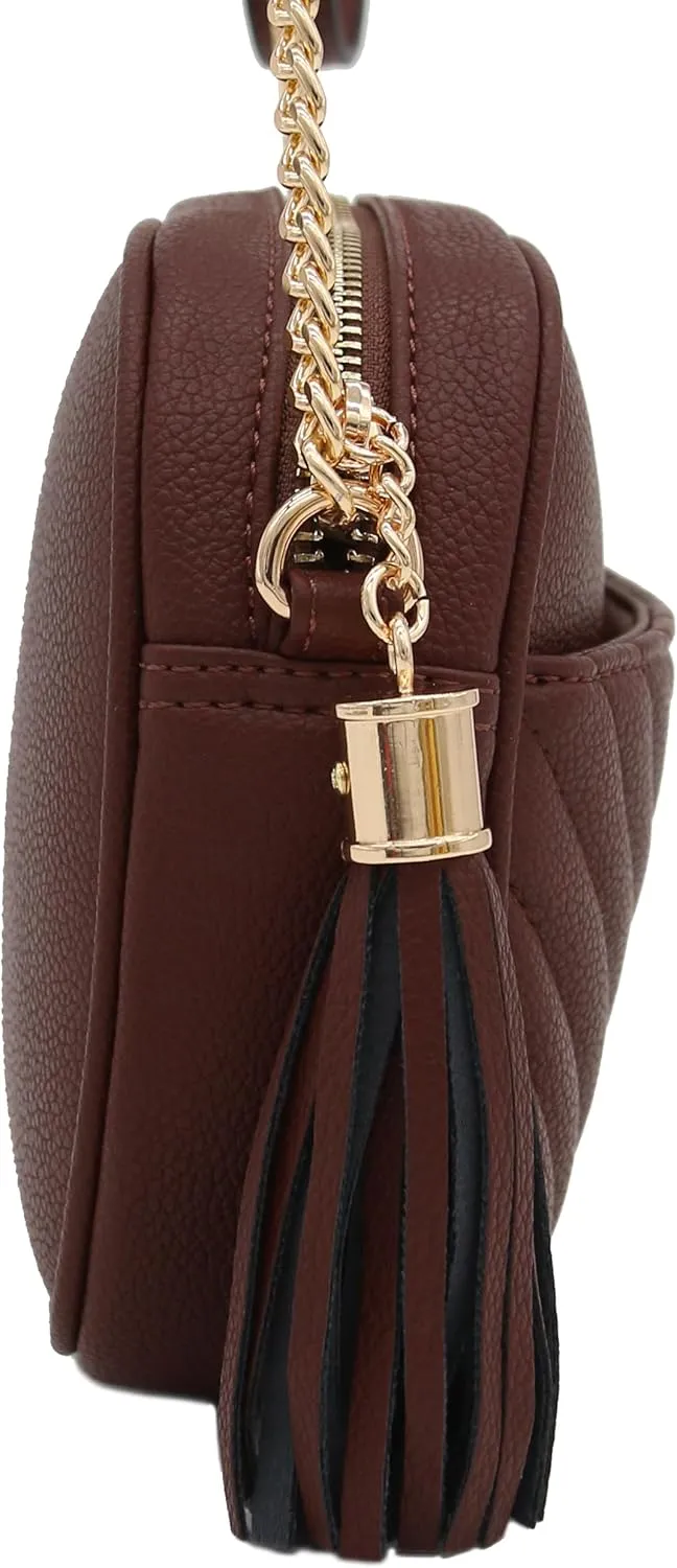 FashionPuzzle Chevron Quilted Crossbody Camera Bag with Chain Strap and Tassel