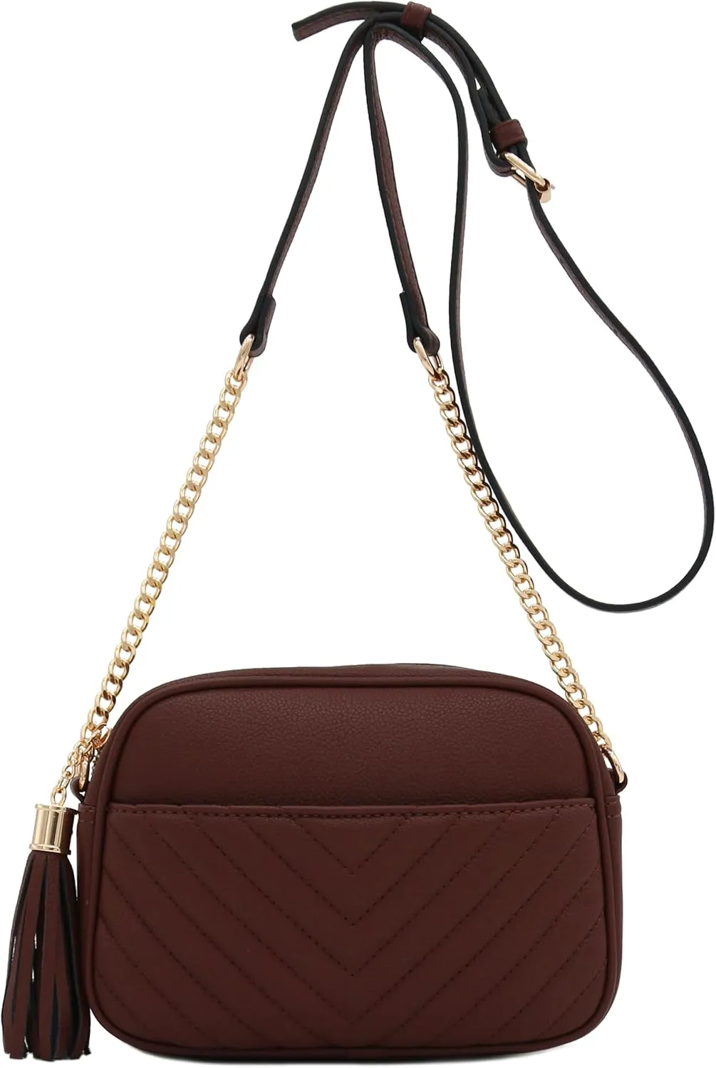 FashionPuzzle Chevron Quilted Crossbody Camera Bag with Chain Strap and Tassel