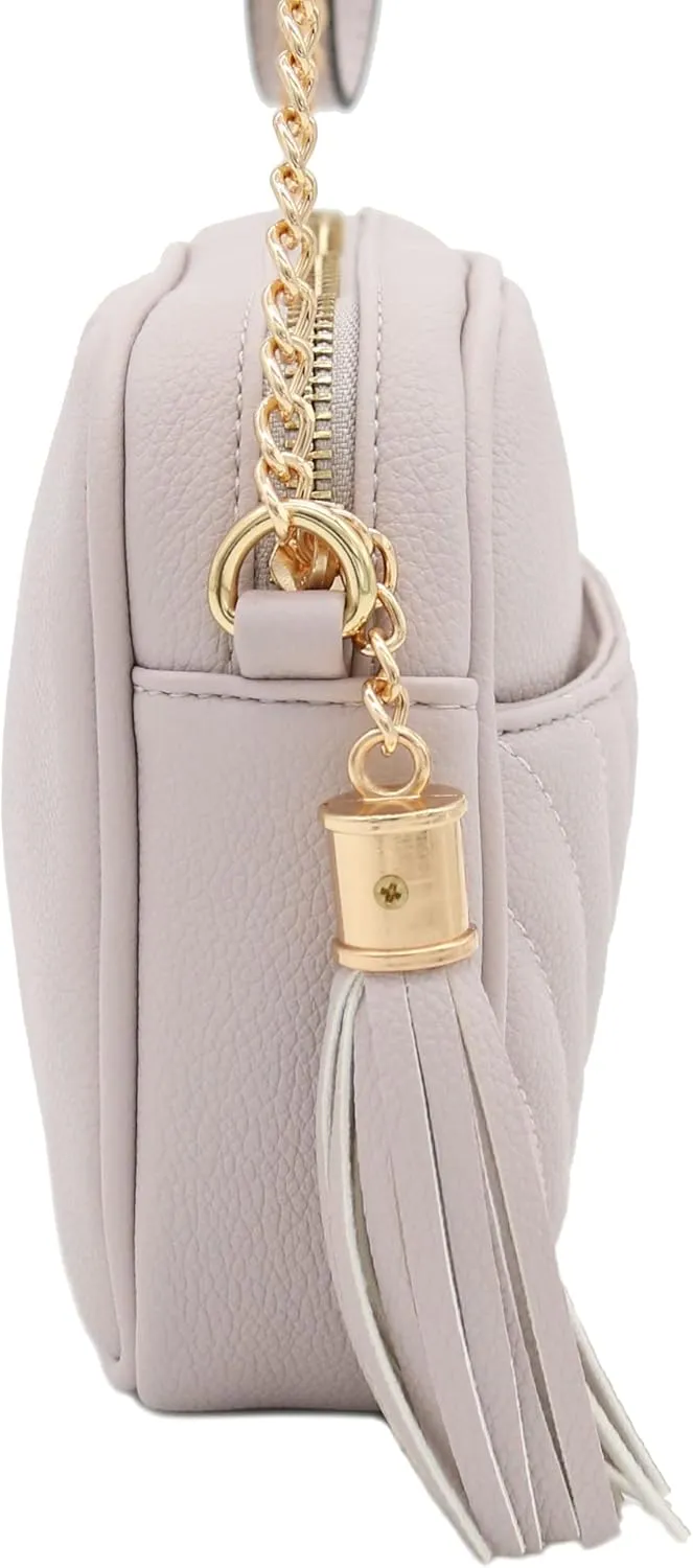 FashionPuzzle Chevron Quilted Crossbody Camera Bag with Chain Strap and Tassel