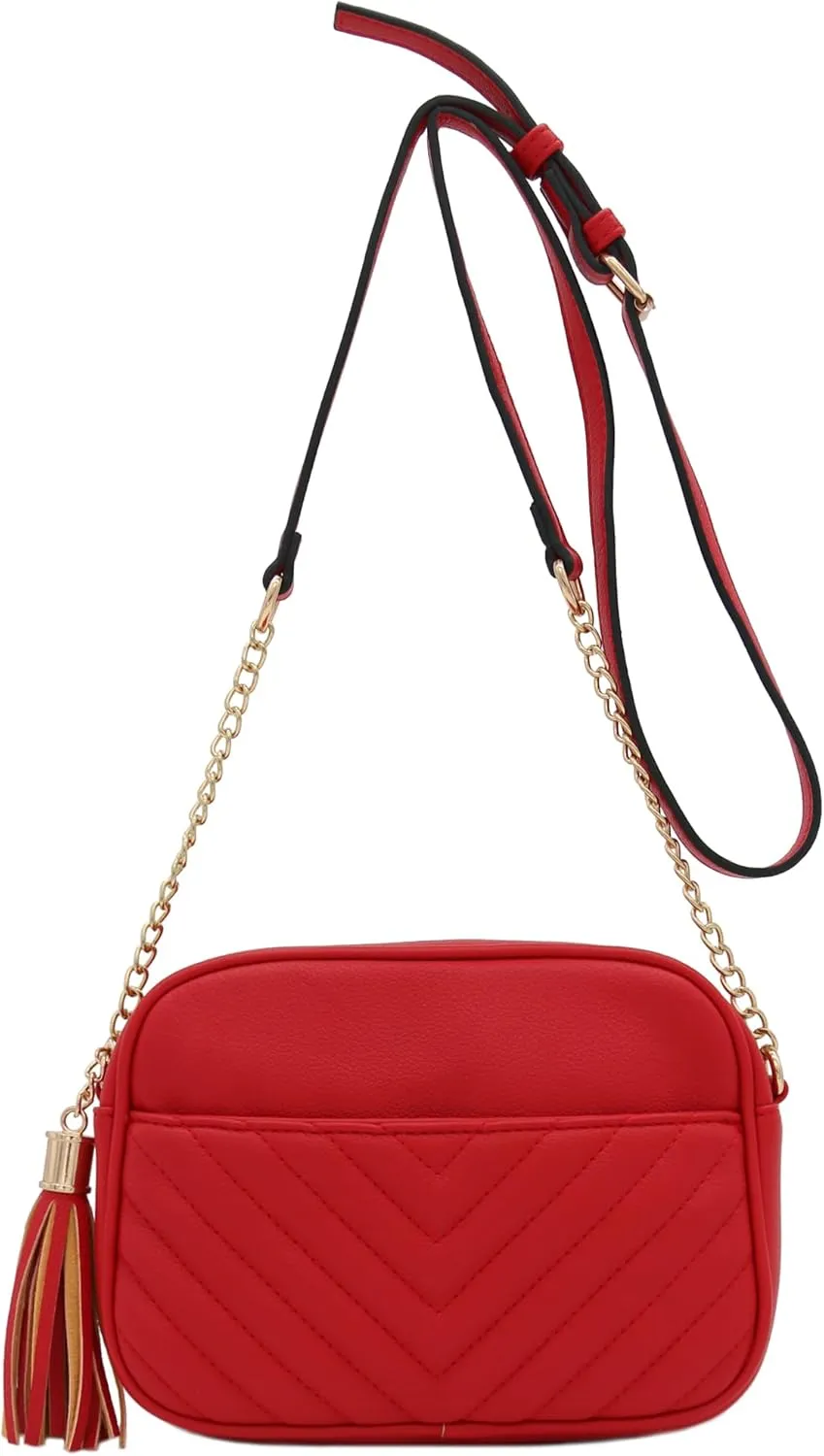 FashionPuzzle Chevron Quilted Crossbody Camera Bag with Chain Strap and Tassel