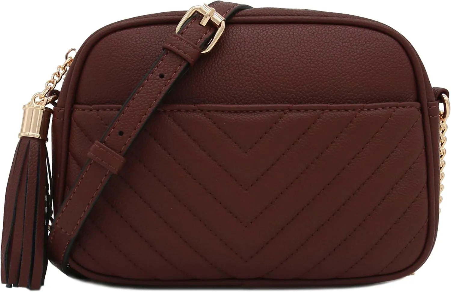 FashionPuzzle Chevron Quilted Crossbody Camera Bag with Chain Strap and Tassel