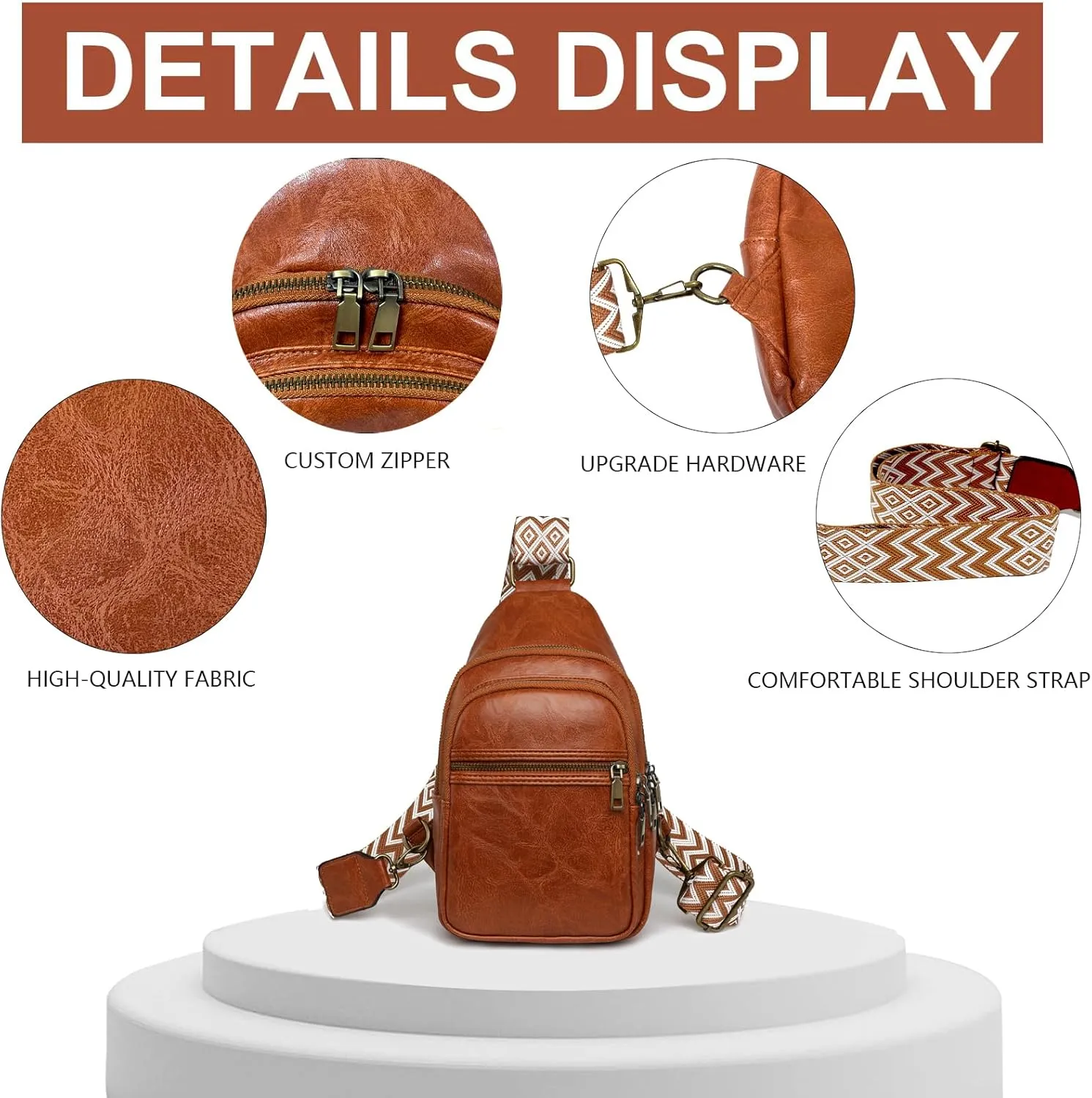 FAYBA Small Sling Bag for Women Crossbody Fanny Pack, PU Leather Wide Guitar Strap Chest Sling Backpack Purse Brown