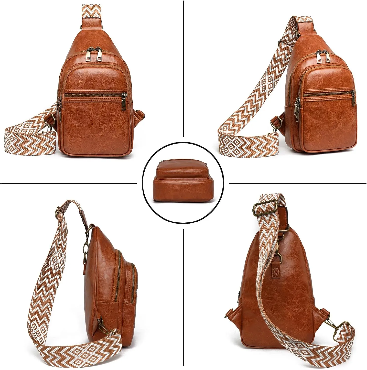 FAYBA Small Sling Bag for Women Crossbody Fanny Pack, PU Leather Wide Guitar Strap Chest Sling Backpack Purse Brown