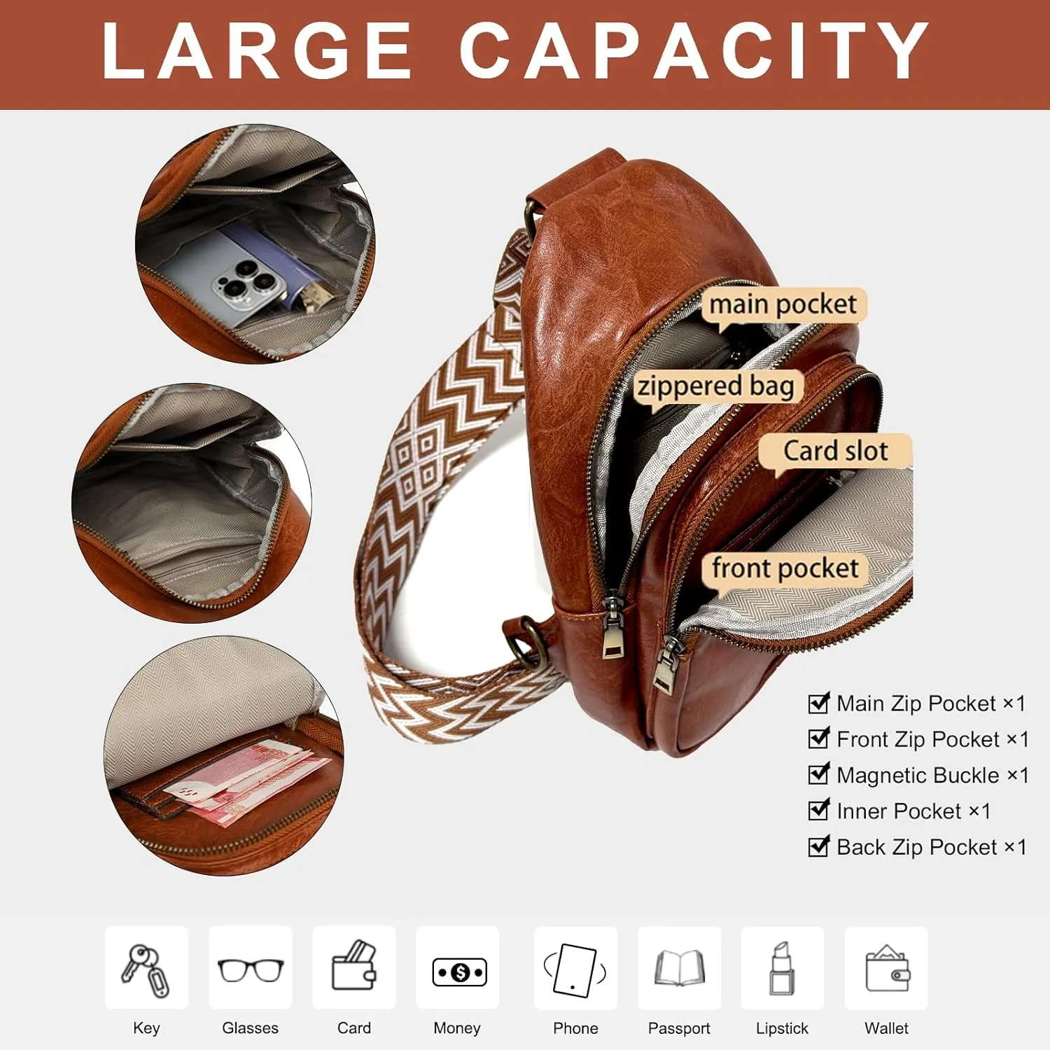 FAYBA Small Sling Bag for Women Crossbody Fanny Pack, PU Leather Wide Guitar Strap Chest Sling Backpack Purse Brown