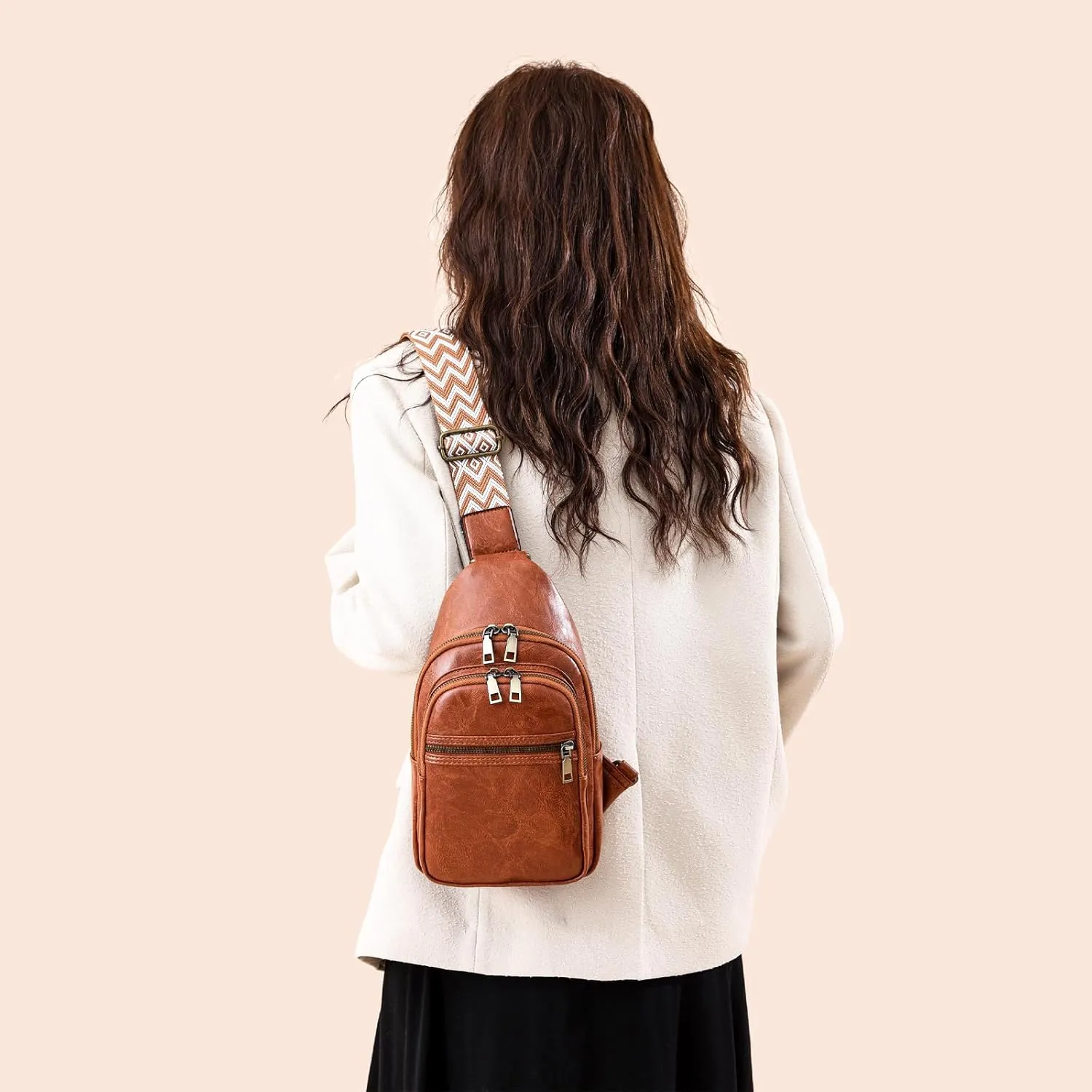 FAYBA Small Sling Bag for Women Crossbody Fanny Pack, PU Leather Wide Guitar Strap Chest Sling Backpack Purse Brown