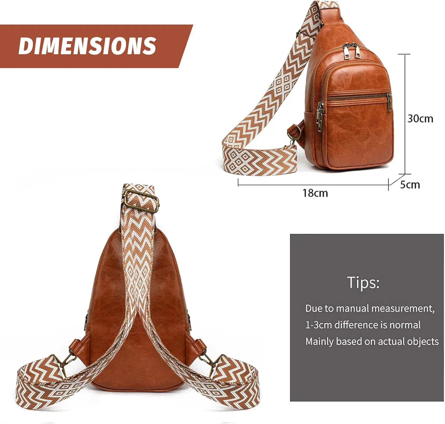 FAYBA Small Sling Bag for Women Crossbody Fanny Pack, PU Leather Wide Guitar Strap Chest Sling Backpack Purse Brown