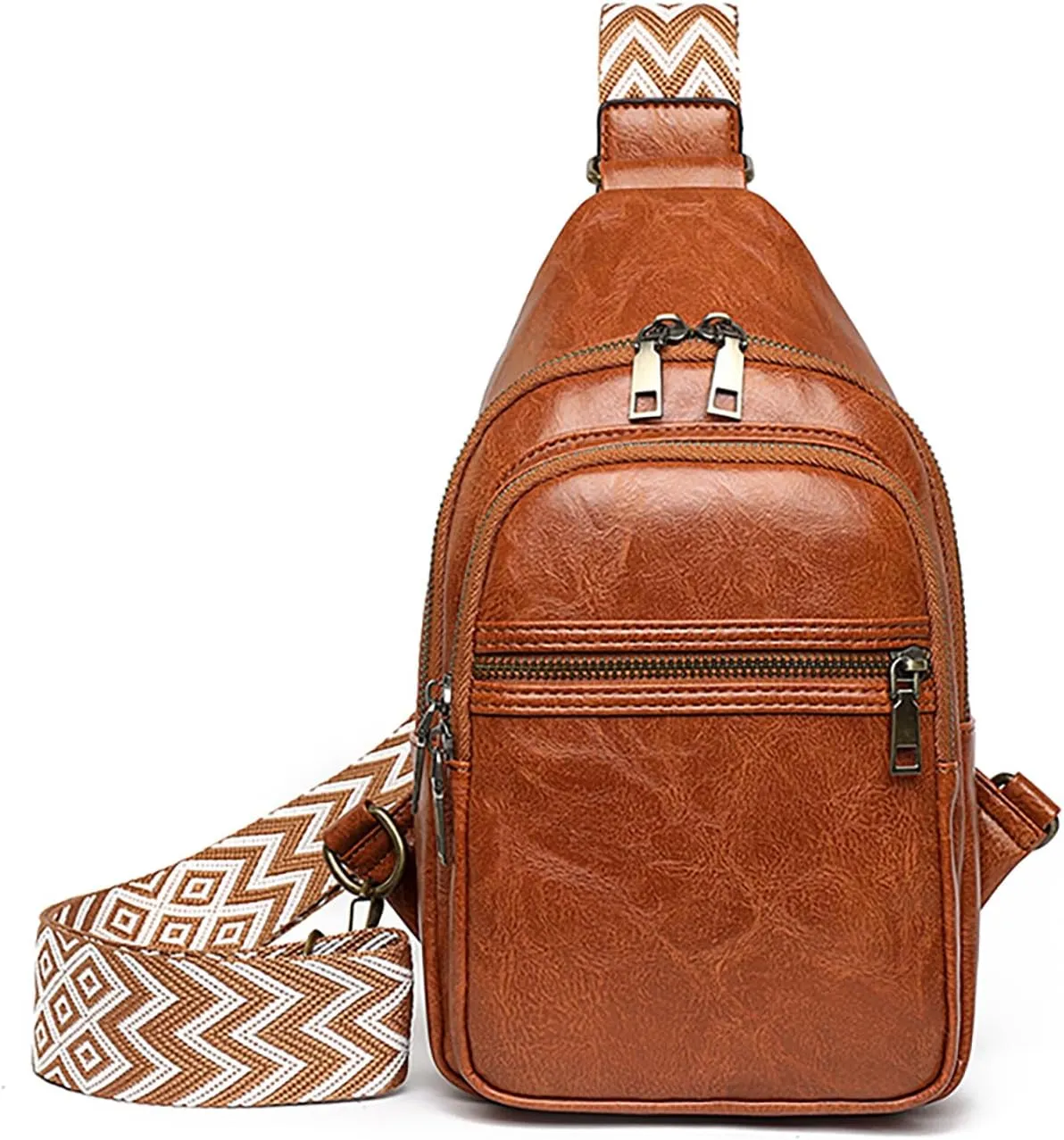 FAYBA Small Sling Bag for Women Crossbody Fanny Pack, PU Leather Wide Guitar Strap Chest Sling Backpack Purse Brown