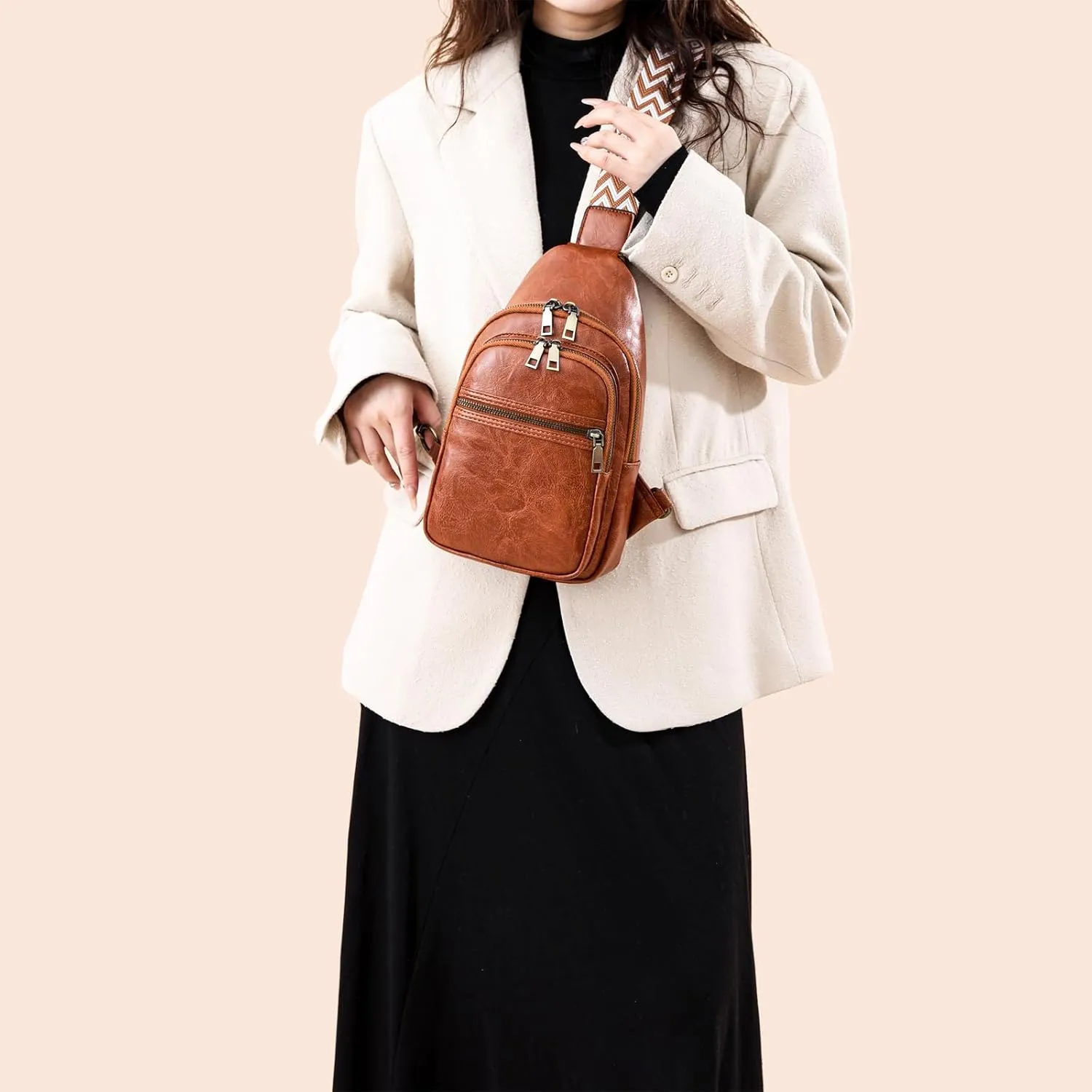 FAYBA Small Sling Bag for Women Crossbody Fanny Pack, PU Leather Wide Guitar Strap Chest Sling Backpack Purse Brown
