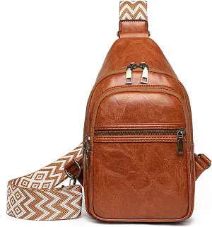 FAYBA Small Sling Bag for Women Crossbody Fanny Pack, PU Leather Wide Guitar Strap Chest Sling Backpack Purse Brown