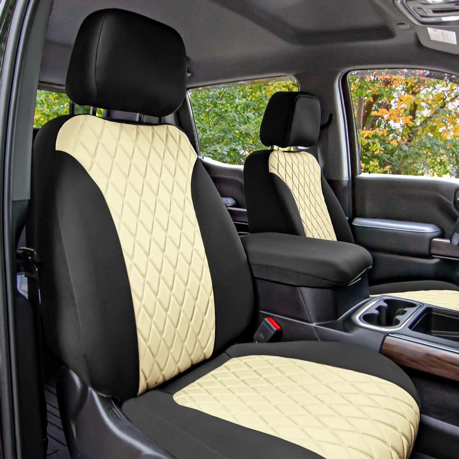 FH Group Custom Fit Seat Covers for 2019-20 2022-2023 GMC Sierra 1500 2500HD 3500HD SLT AT4 Denali with Neoprene Water Resistant Automotive Seat Covers - Front Set Beige